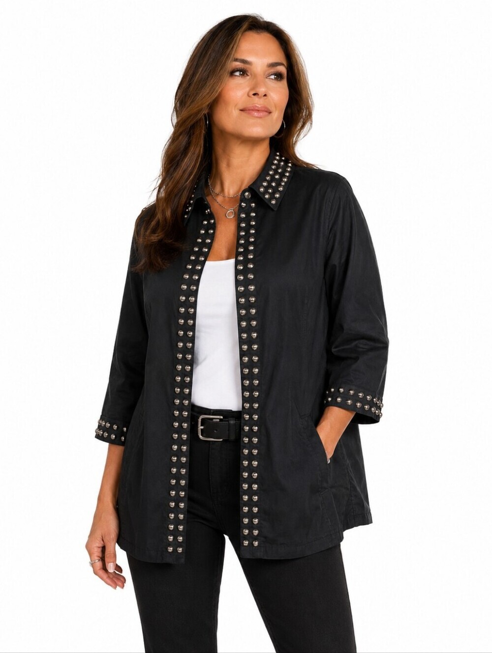 Tia Black Studded Embellished Jacket XL 3/4 Sleeve Pockets Rocker Chic Layer